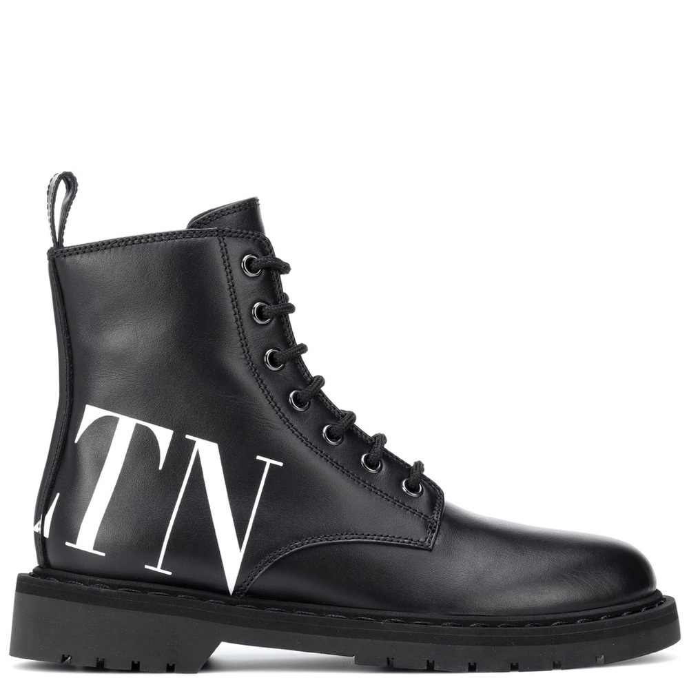 Valentino Garavani Black Leather Combat Boots with White TN Logo